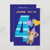 Balloon Monkey 4e verjaardag Party uitnodiging (Voorkant / Achterkant)