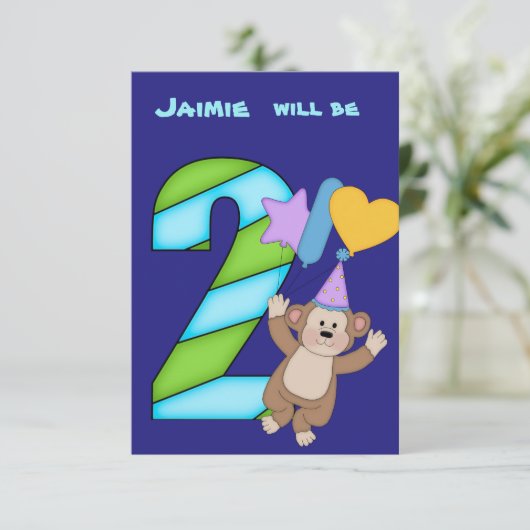 Balloon Monkey Uitnodiging voor 2e verjaardagsfees (Staand voorkant)