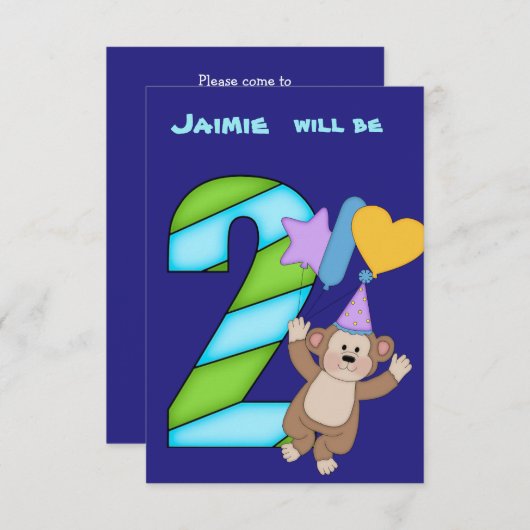 Balloon Monkey Uitnodiging voor 2e verjaardagsfees (Voorkant / Achterkant)