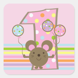 Balloon Mouse op Roze 1e Verjaardagsplein Stickers