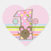 Balloon Mouse Roze 1e Verjaardag Hart Stickers (Voorkant)