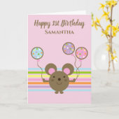 Balloon Mouse Roze Gelukkige 1e Verjaardag Kaart (Gele Bloem)