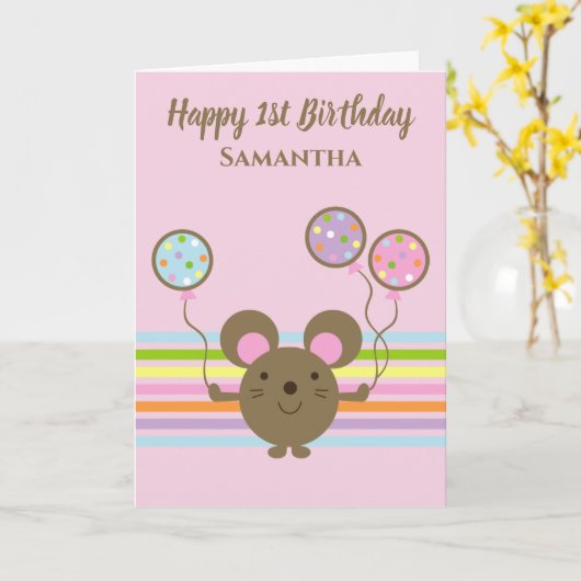 Balloon Mouse Roze Gelukkige 1e Verjaardag Kaart (Gele Bloem)