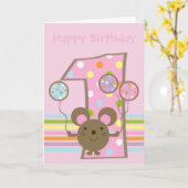Balloon Mouse Roze Happy 1e Verjaardag Kaart (Gele Bloem)