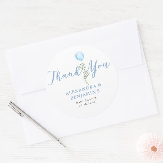 Balloon Soft Greenery Dusty Blue Boy Baby Shower Ronde Sticker (Envelop)