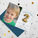 Balloon Type | Photo Second Birthday Party Invite Kaart<br><div class="desc">Adorable party invitation's for your little one's second birthday party feature a gold "2" balloon on a background of blue confetti dots. Personalize with your two year old's birthday party details in black lettering, and add a favorite photo of the birthday boy on the left side. Cards reverse to solid...</div>
