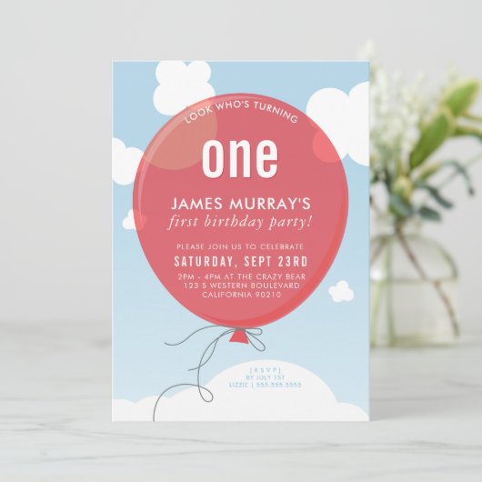 BALLOON-verjaardagsfeest: blauw hemel rood Kaart (Staand voorkant)