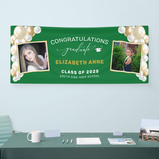 Balloons 2 Foto's Groene Gefeliciteerd Afstuderen Spandoek (Beurs)