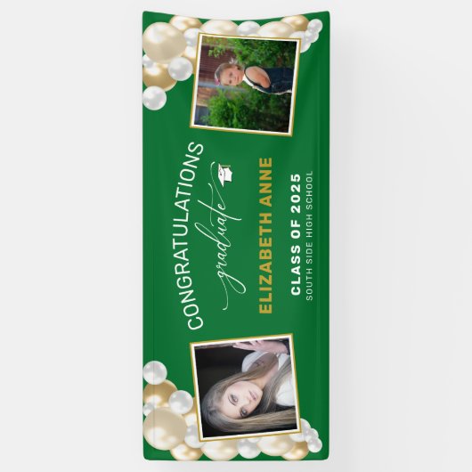 Balloons 2 Foto's Groene Gefeliciteerd Afstuderen Spandoek (Verticaal)