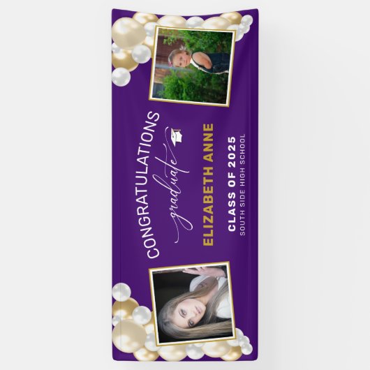 Balloons 2 Foto's Paars gefeliciteerd Afstuderen Spandoek (Verticaal)