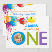 Balloons Boy First Birthday Party | Foto uitnodige Kaart (Voorkant / Achterkant)