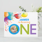 Balloons Boy First Birthday Party | Foto uitnodige Kaart (Staand voorkant)