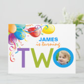 Balloons Boy Two Birthday Party | Foto uitnodigen Kaart (Staand voorkant)