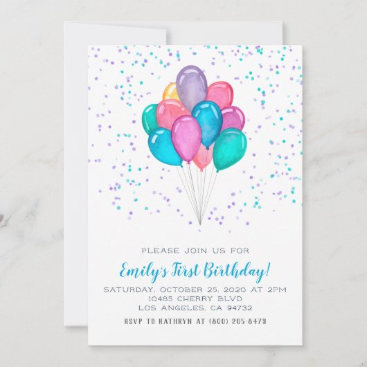 Balloons Confetti Birthday Uitnodiging (Voorkant)