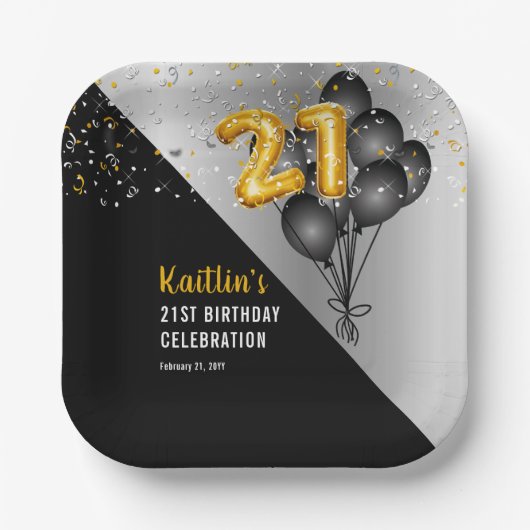 Balloons Elegant Black | 21ste verjaardag van de g Papieren Bordje (Voorkant)