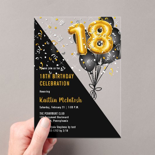 Balloons Elegant Black | Gouden 18e verjaardag Acryl Uitnodigingen (Insitu (Draagbaar))