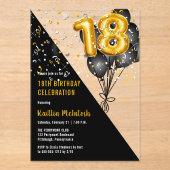 Balloons Elegant Black | Gouden 18e verjaardag Acryl Uitnodigingen (Voorkant)