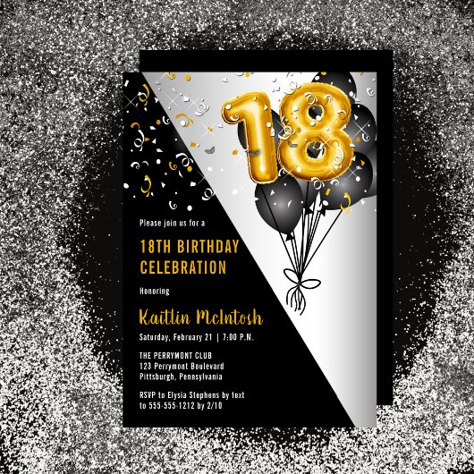 Balloons Elegant Black | Gouden 18e verjaardag Kaart