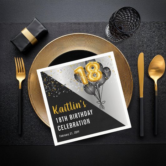 Balloons Elegant Black | Gouden 18e verjaardag Servet