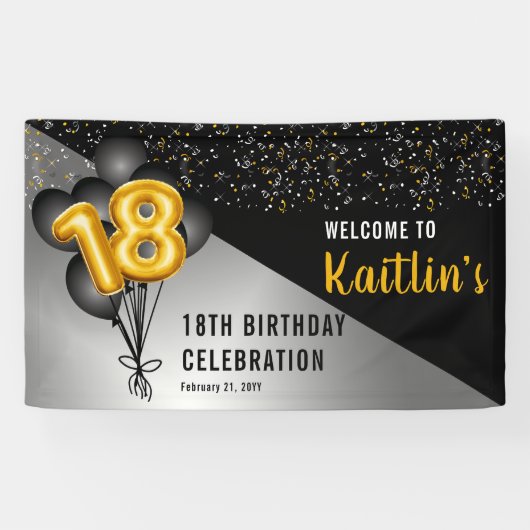 Balloons Elegant Black | Gouden 18e verjaardag Spandoek (Horizontaal)