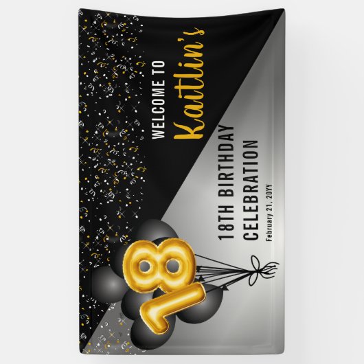 Balloons Elegant Black | Gouden 18e verjaardag Spandoek (Verticaal)