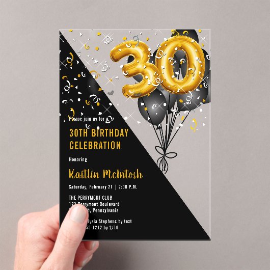 Balloons Elegant Black | Gouden 30e verjaardag Acryl Uitnodigingen (Insitu (Draagbaar))