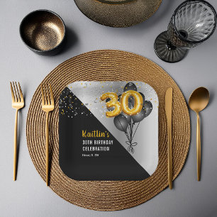 Balloons Elegant Black   Gouden 30e verjaardag Papieren Bordje