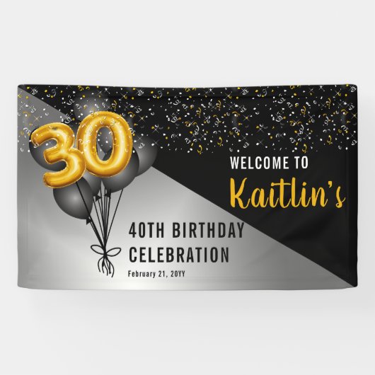 Balloons Elegant Black | Gouden 30e verjaardag Spandoek (Horizontaal)