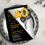Balloons Elegant Black | Gouden 40e verjaardag Kaart<br><div class="desc">Zwarte ballonnen als een terugval naar gouden toonnummerballonnen bieden een dramatische impuls aan dit 40e Birthday Party-ontwerp. Composietontwerp door vakantieharten Design (gereserveerde rechten). Andere leeftijdsnummers zijn beschikbaar in onze winkel. Als u geen ontwerp voor de bepaalde leeftijd ziet u zoekt,  berichtontwerper in info@holidayheartsdesigns.com of via praatje Zazzle.</div>