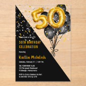 Balloons Elegant Black | Gouden 50e verjaardag Acryl Uitnodigingen (Voorkant)