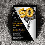 Balloons Elegant Black | Gouden 50e verjaardag Kaart<br><div class="desc">Zwarte ballonnen als een terugval naar gouden toonnummerballonnen bieden een dramatische impuls aan dit 50e Birthday Party-ontwerp. Composietontwerp door vakantieharten Design (gereserveerde rechten). Andere leeftijdsnummers zijn beschikbaar in onze winkel. Als u geen ontwerp voor de bepaalde leeftijd ziet u zoekt,  berichtontwerper in info@holidayheartsdesigns.com of via praatje Zazzle.</div>