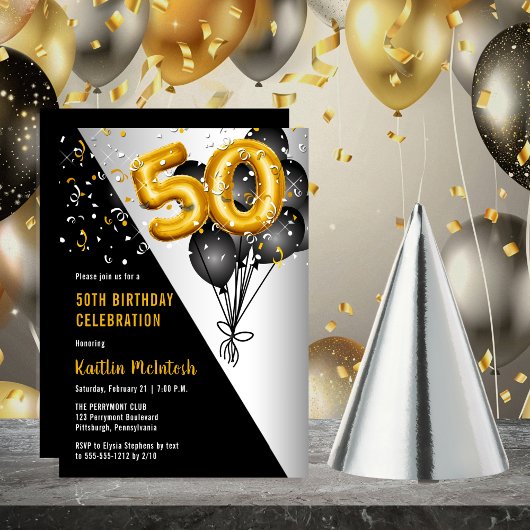 Balloons Elegant Black | Gouden 50e verjaardag Kaart