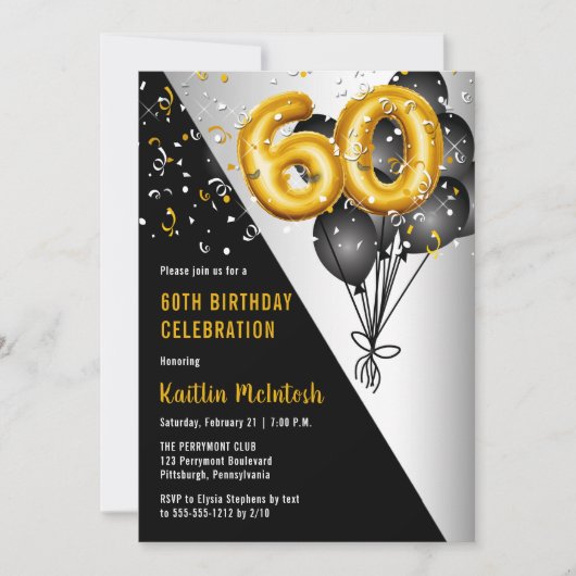 Balloons Elegant Black | Gouden 60e verjaardag Kaart (Voorkant)