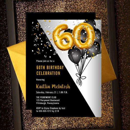 Balloons Elegant Black | Gouden 60e verjaardag Kaart