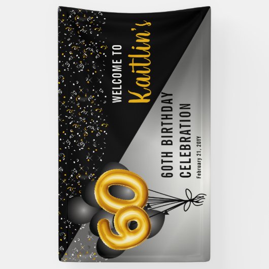 Balloons Elegant Black | Gouden 60e verjaardag Spandoek (Verticaal)