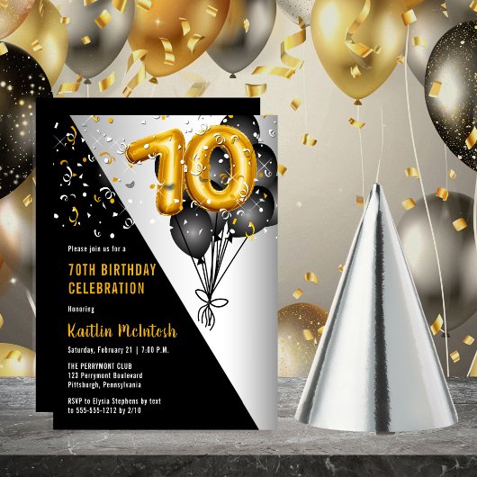 Balloons Elegant Black | Gouden 70e verjaardag Kaart