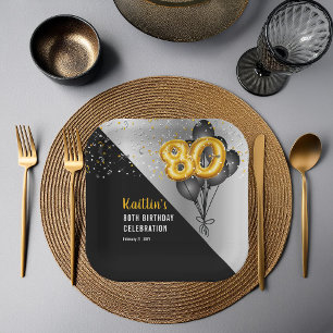 Balloons Elegant Black   Gouden 80e verjaardag Papieren Bordje