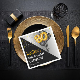 Balloons Elegant Black   Gouden 80e verjaardag Servet