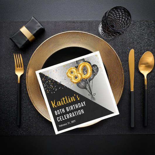 Balloons Elegant Black | Gouden 80e verjaardag Servet