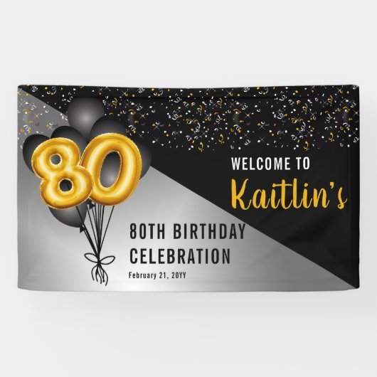 Balloons Elegant Black | Gouden 80e verjaardag Spandoek (Horizontaal)