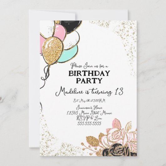 Balloons en Florals Pink Black Birthday Party Kaart (Voorkant)