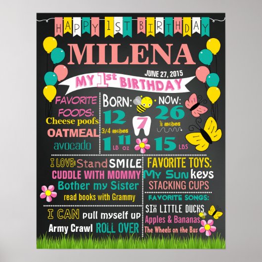 Balloons, gebarentbloemen voor eerste verjaardag poster (Voorkant)