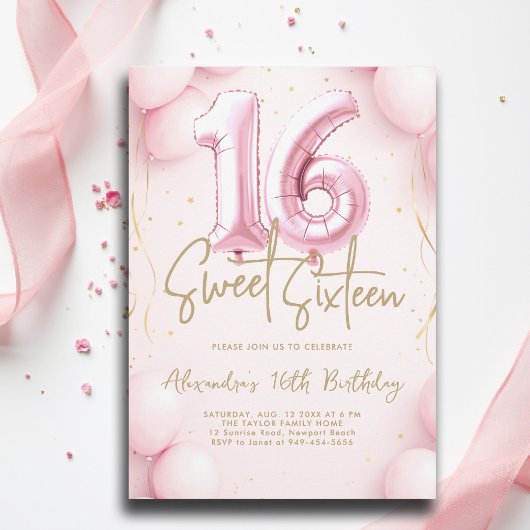 Balloons Girly Pink Calligraphy Elegant Sweet 16 Kaart