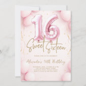 Balloons Girly Pink Calligraphy Elegant Sweet 16 Kaart (Voorkant)