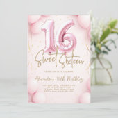Balloons Girly Pink Calligraphy Elegant Sweet 16 Kaart (Staand voorkant)