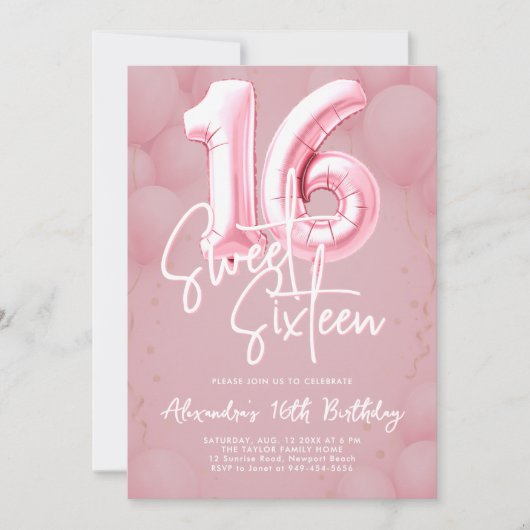 Balloons Pink Blush Modern Calligraphy Sweet 16 Kaart (Voorkant)