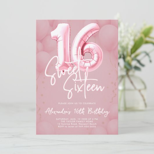 Balloons Pink Blush Modern Calligraphy Sweet 16 Kaart (Staand voorkant)