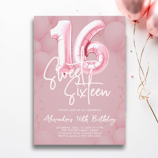 Balloons Pink Blush Modern Calligraphy Sweet 16 Kaart