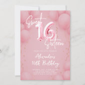Balloons Pink Elegant Calligraphy Modern Sweet 16 Kaart (Voorkant)