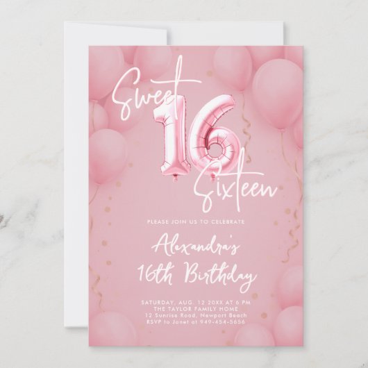 Balloons Pink Elegant Calligraphy Modern Sweet 16 Kaart (Voorkant)